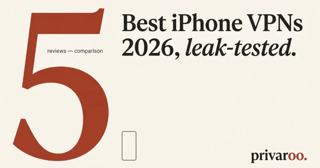 Editorial cover graphic with a large serif numeral '5' in brick red and the headline 'Best iPhone VPNs, 2026' in serif typography on a warm cream background. Privaroo wordmark in corner.