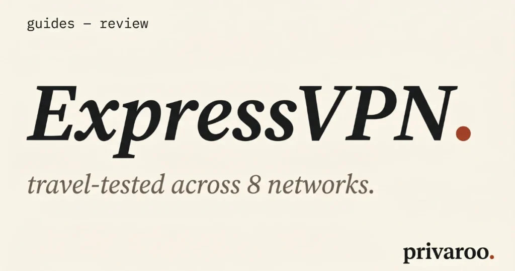 Editorial graphic with the word 'ExpressVPN' in large serif typography and 'reviewed' as a small italic subhead, brick red accent dot on a warm cream background. Privaroo wordmark in corner.