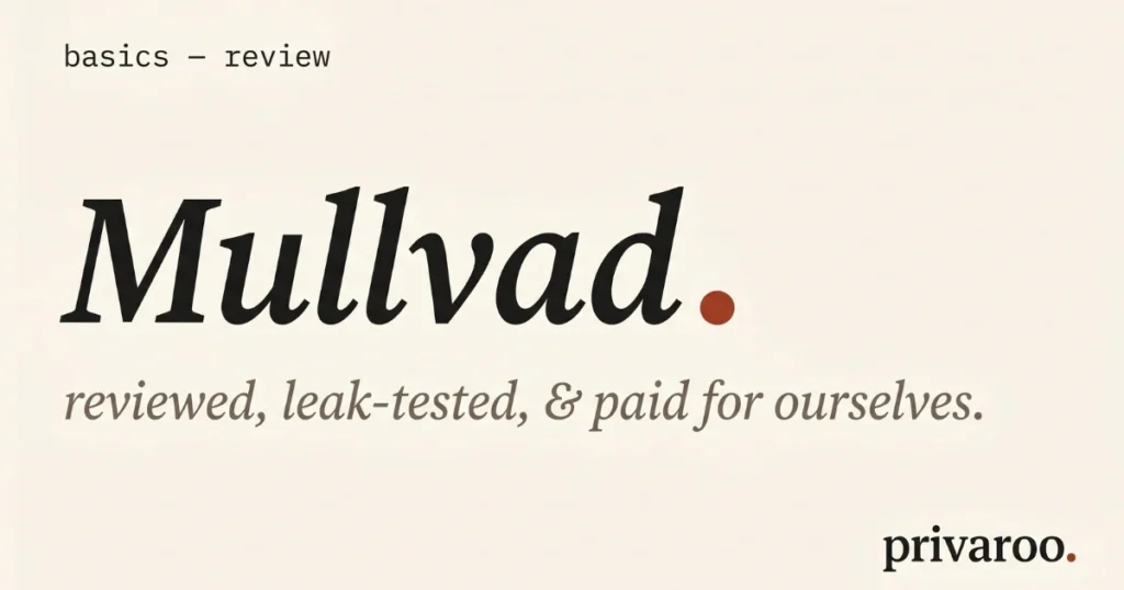 Editorial graphic with the word 'Mullvad' in large serif typography and 'reviewed' as a small italic subhead, brick red accent dot on a warm cream background. Privaroo wordmark in corner.