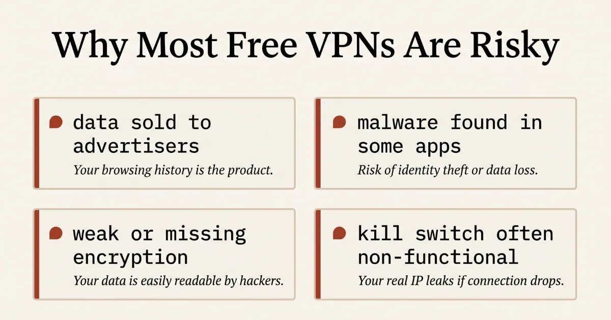 Why most free VPNs are risky — data selling, malware, weak encryption, fake kill switch