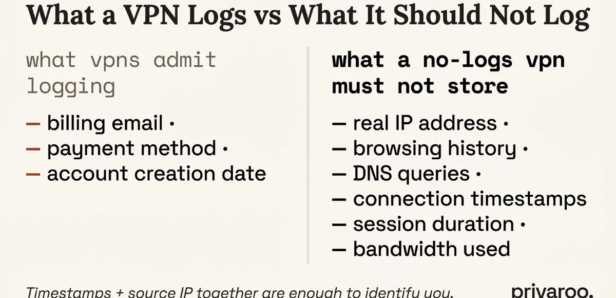 What a no-logs VPN stores vs what it must not store - comparison table