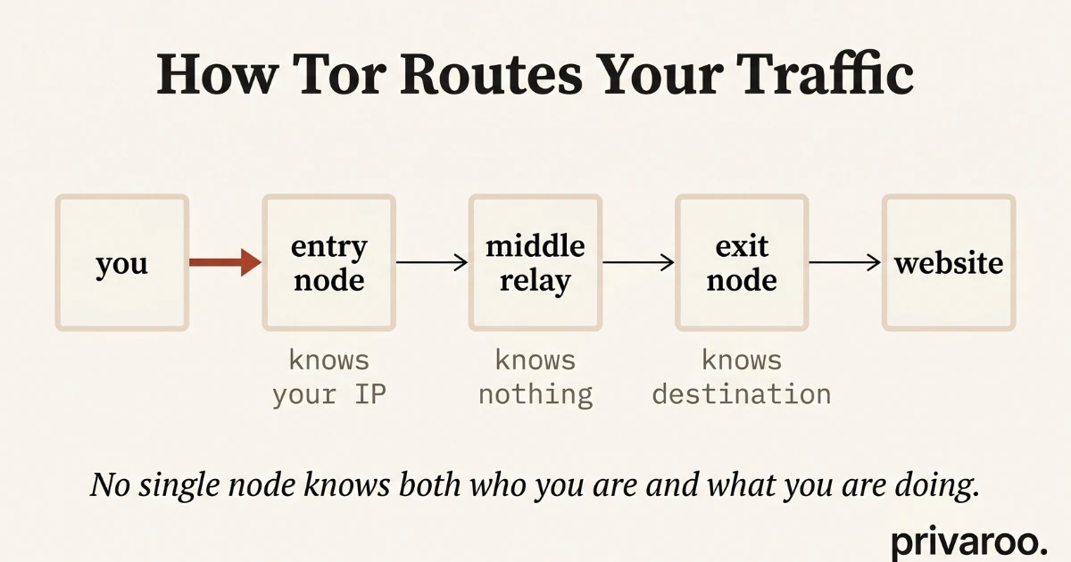 Diagram showing how Tor routes traffic through three nodes: entry, middle, and exit