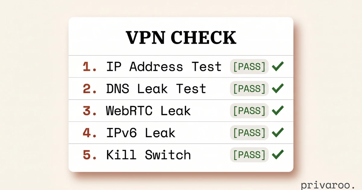 VPN verification checklist showing 5 tests -- IP check, DNS leak, WebRTC, IPv6, and kill switch all passing