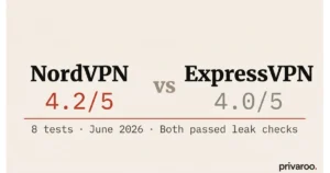 NordVPN vs ExpressVPN 2026 comparison scores 4.2 vs 4.0 on Privaroo editorial background