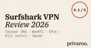 Surfshark VPN review 2026 score badge 4.1 out of 5 on cream editorial background